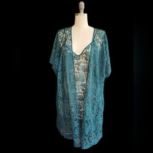 Vtg Set Alexandra Nicole Dark Green Lace Floral Kimono Robe + Chemise Lingerie L